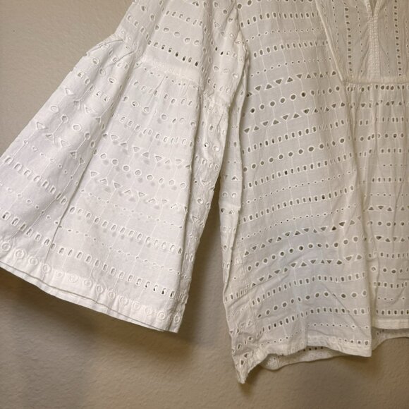 LOFT White Eyelet Top Size Medium V Neck Long Bell Sleeves Lightweight - Picture 3 of 5